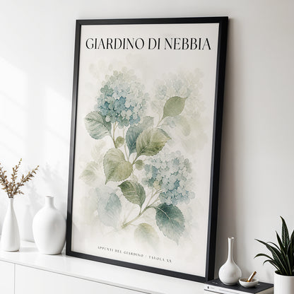 Hydrangeas in the Mist, blue, green, beige floral wall art displayed in a styled interior, gallery view 3