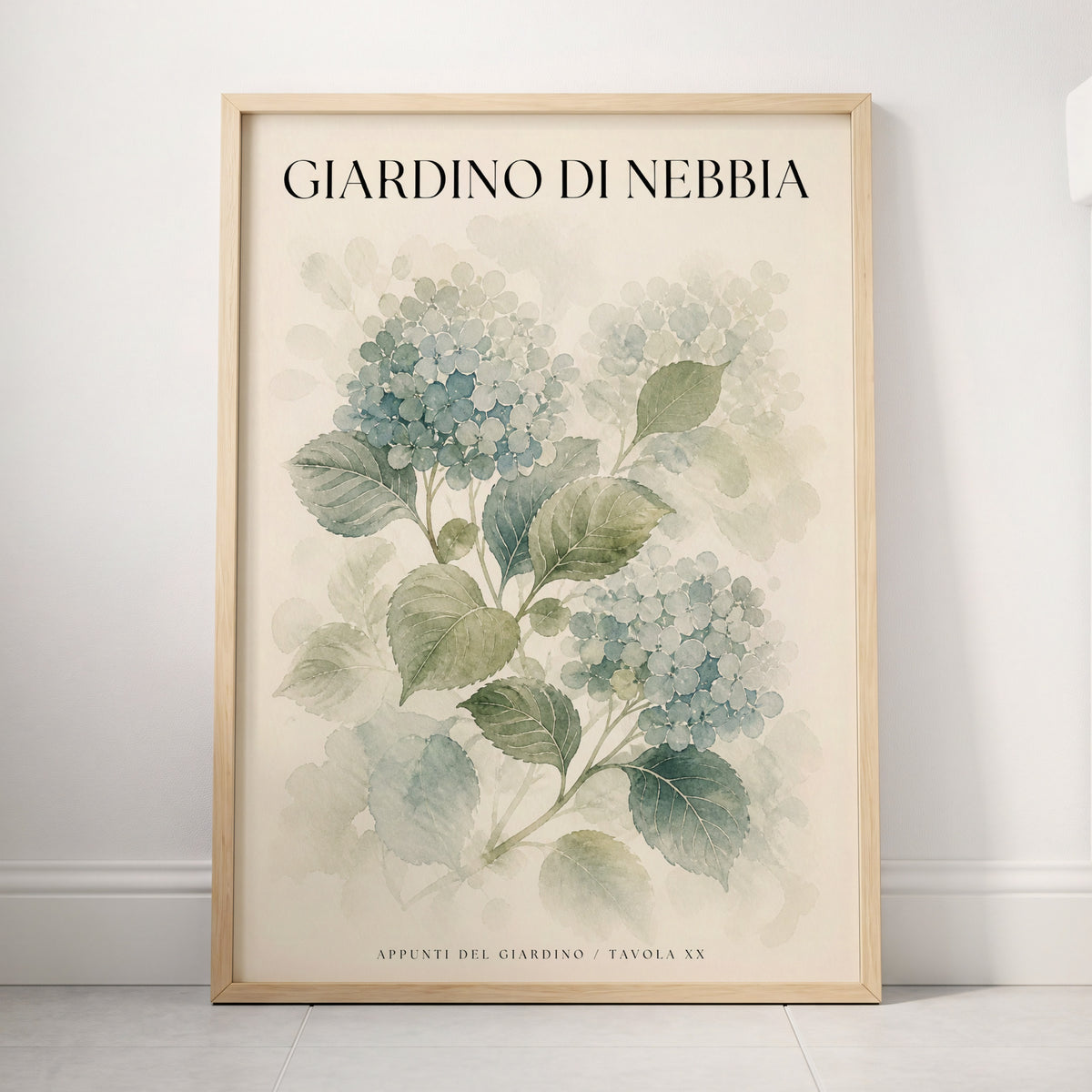 Hydrangeas in the Mist, blue, green, beige floral wall art displayed in a styled interior, gallery view 4