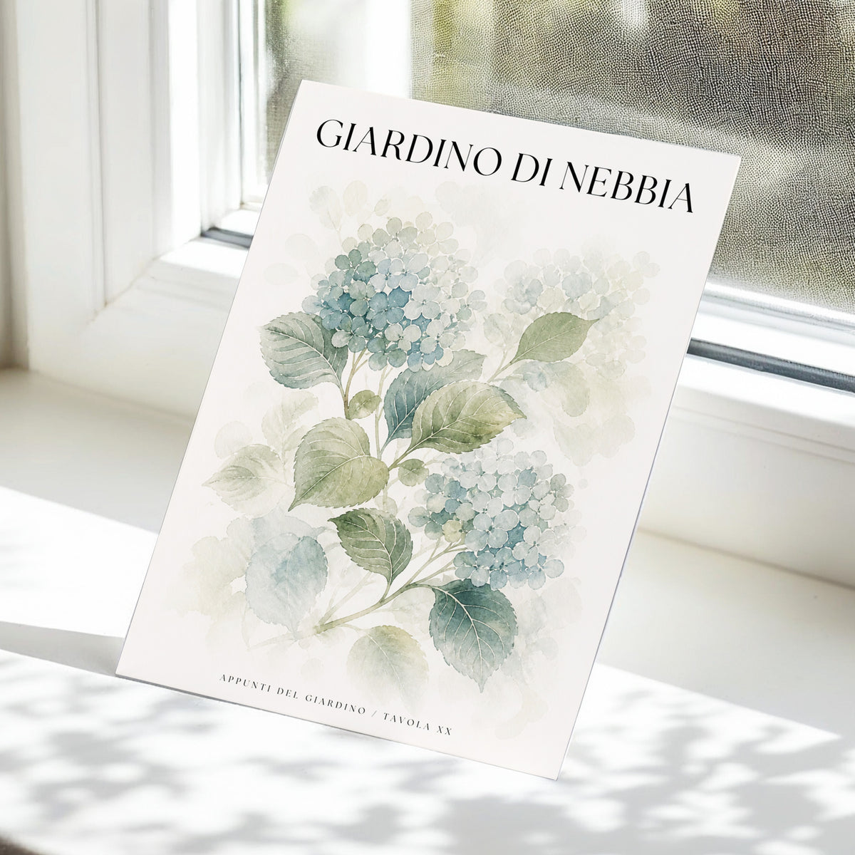 Hydrangeas in the Mist, blue, green, beige floral wall art displayed in a styled interior, gallery view 5