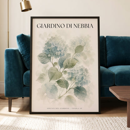 Hydrangeas in the Mist, blue, green, beige floral wall art displayed in a styled interior, gallery view 6