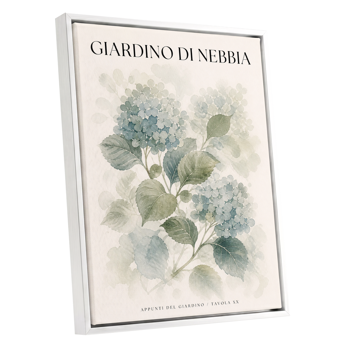 Hydrangeas in the Mist, blue, green, beige floral wall art shown as a white framed canvas wall art