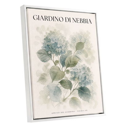 Hydrangeas in the Mist, blue, green, beige floral wall art shown as a white framed canvas wall art