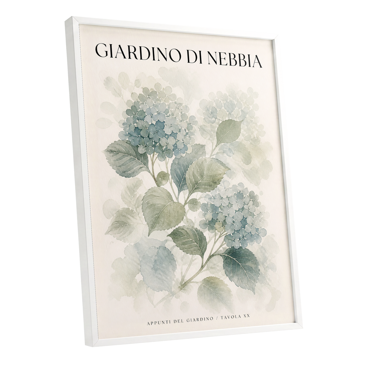 Hydrangeas in the Mist, blue, green, beige floral wall art shown as a white framed poster wall art print
