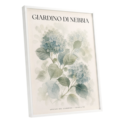 Hydrangeas in the Mist, blue, green, beige floral wall art shown as a white framed poster wall art print