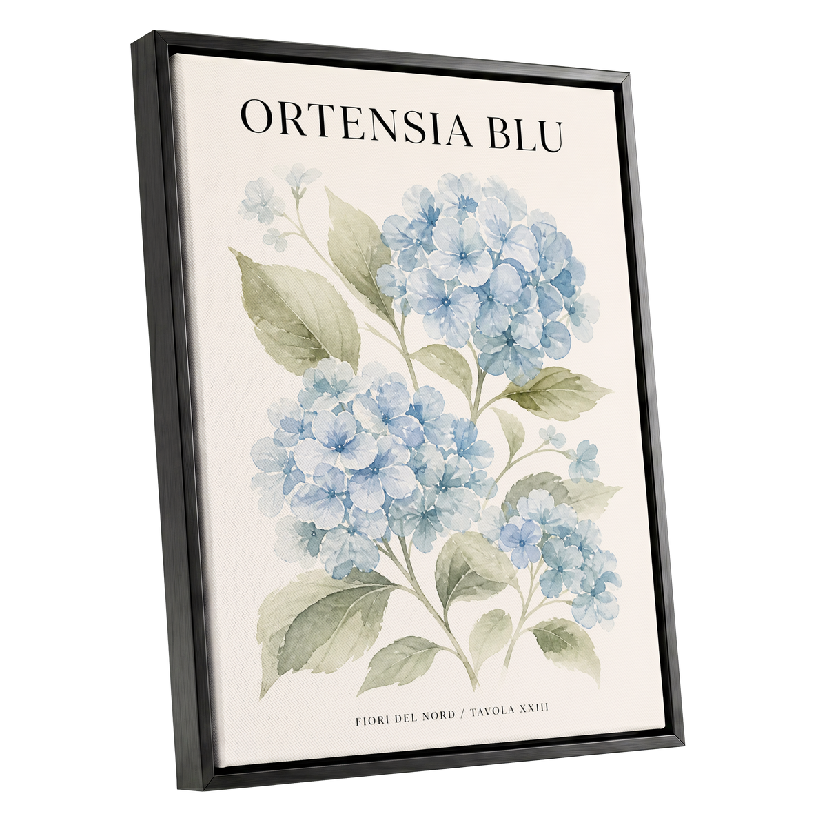 Hydrangeas of the North, blue, green, beige floral wall art shown as a black framed canvas wall art