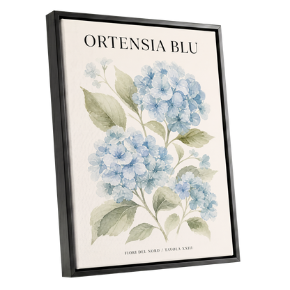 Hydrangeas of the North, blue, green, beige floral wall art shown as a black framed canvas wall art