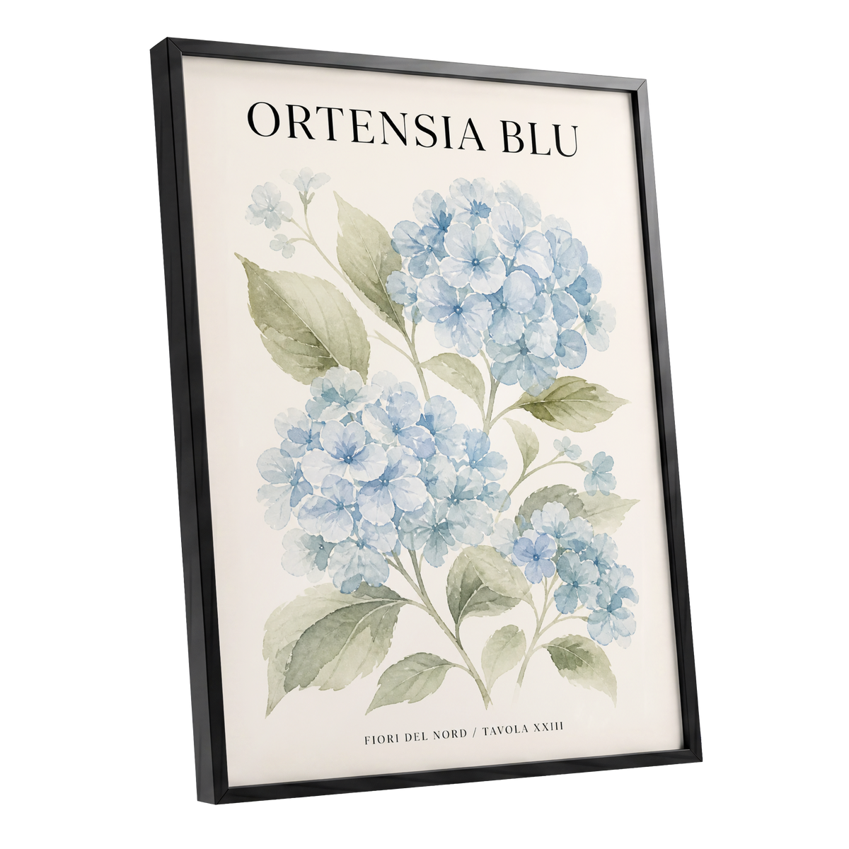 Hydrangeas of the North, blue, green, beige floral wall art shown as a black framed poster wall art print