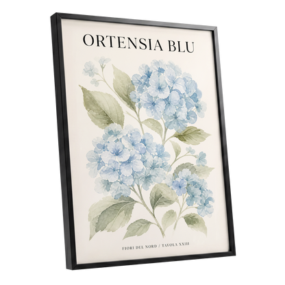 Hydrangeas of the North, blue, green, beige floral wall art shown as a black framed poster wall art print