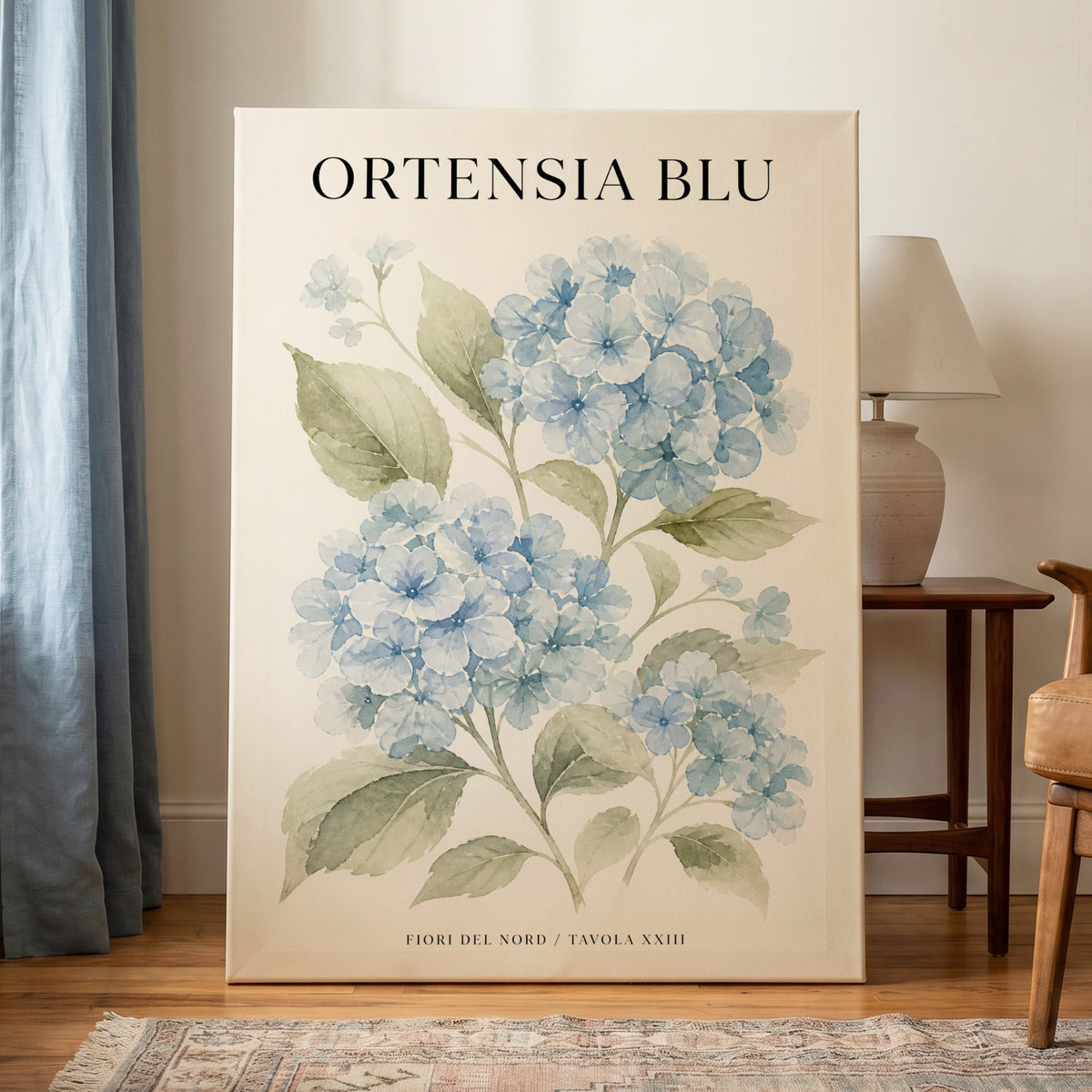 Hydrangeas of the North, blue, green, beige floral wall art on canvas displayed in a styled interior, gallery view 1