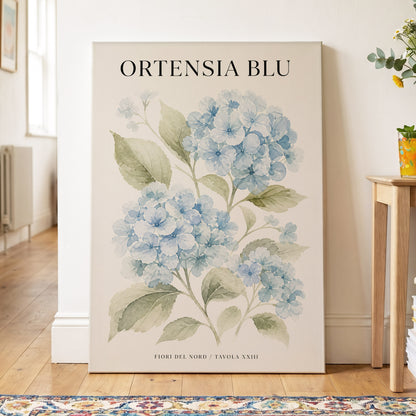 Hydrangeas of the North, blue, green, beige floral wall art on canvas displayed in a styled interior, gallery view 2