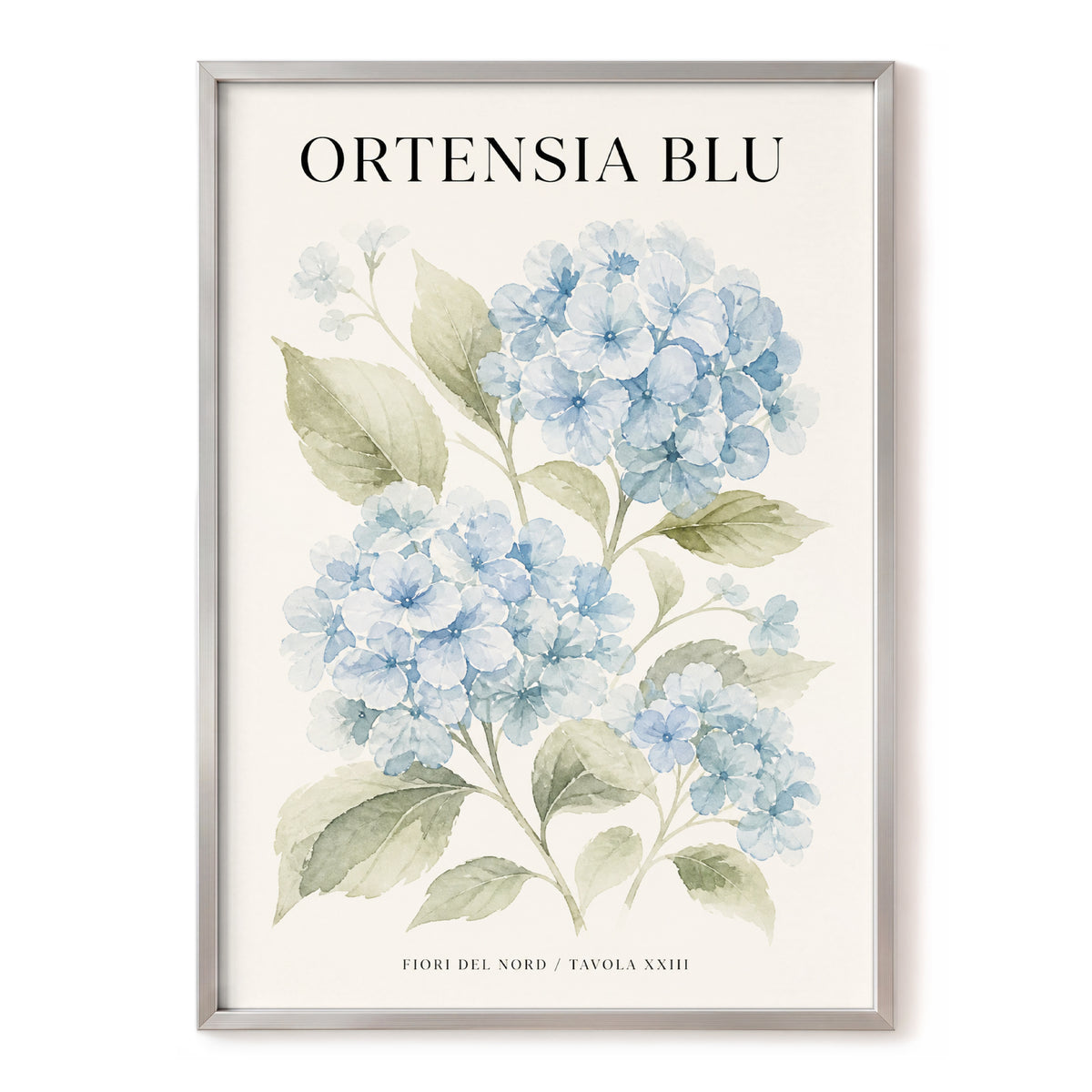 Hydrangeas of the North, blue, green, beige floral wall art, front artwork view