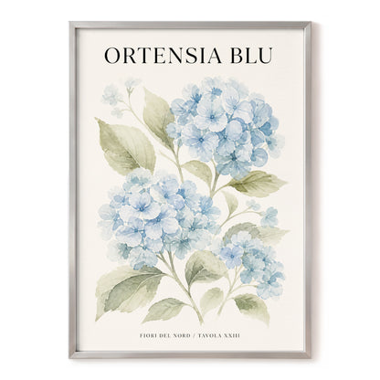 Hydrangeas of the North, blue, green, beige floral wall art, front artwork view