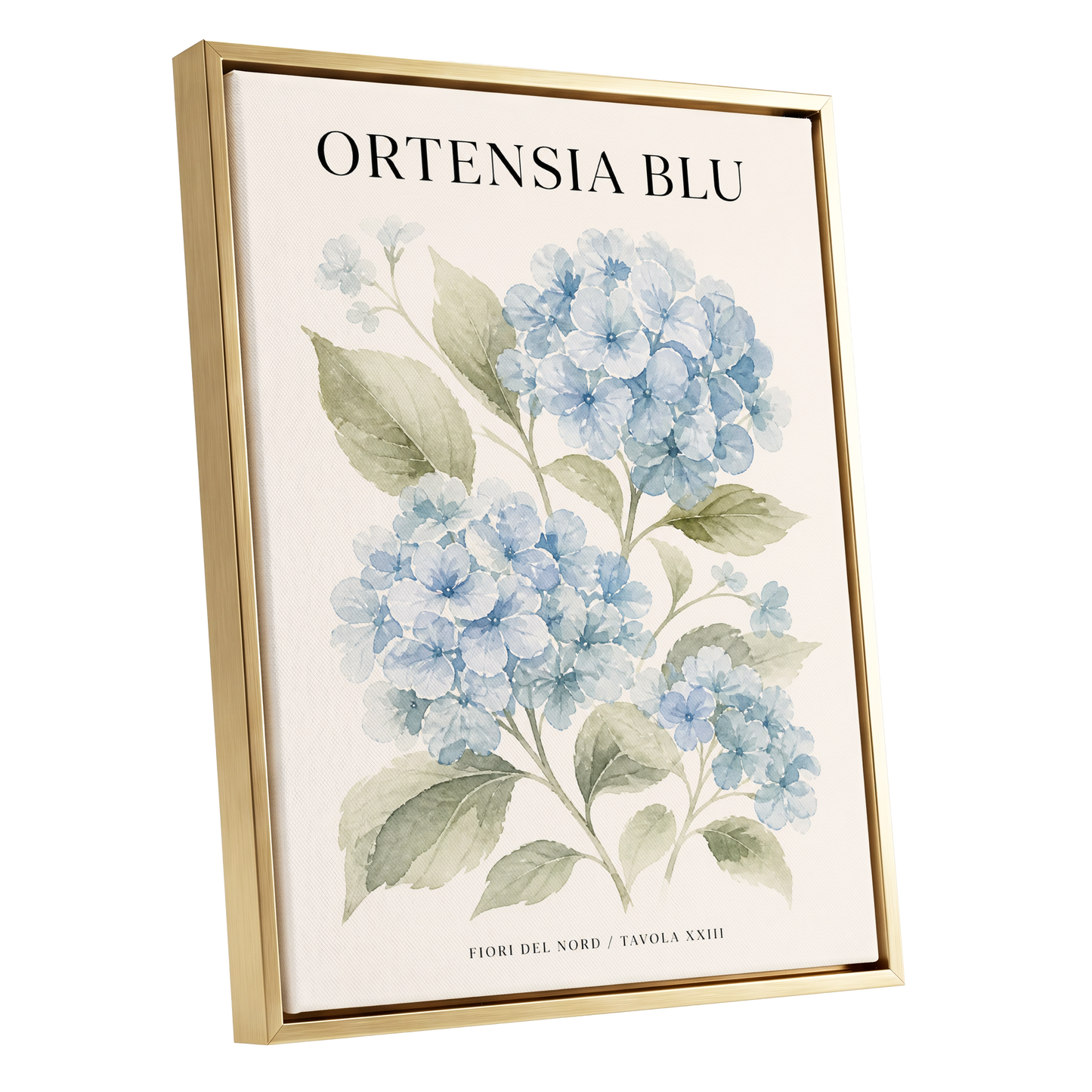 Hydrangeas of the North, blue, green, beige floral wall art shown as a gold framed canvas wall art