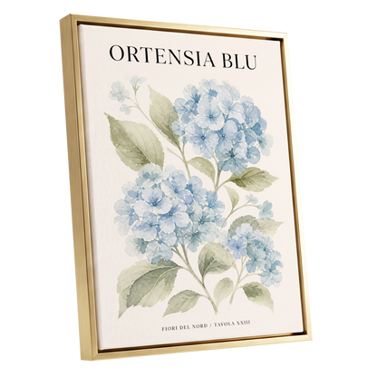 Hydrangeas of the North, blue, green, beige floral wall art shown as a gold framed canvas wall art