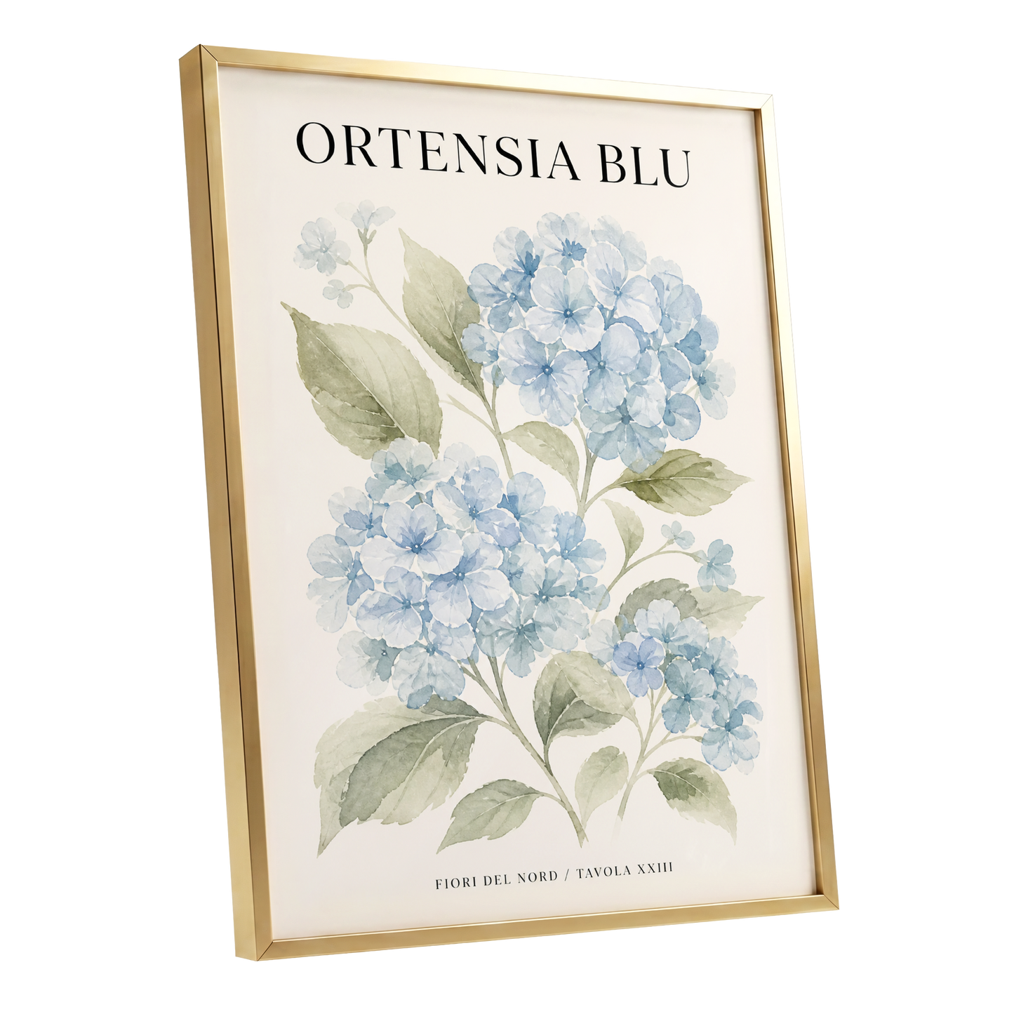 Hydrangeas of the North, blue, green, beige floral wall art shown as a gold framed poster wall art print