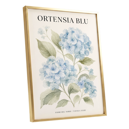 Hydrangeas of the North, blue, green, beige floral wall art shown as a gold framed poster wall art print