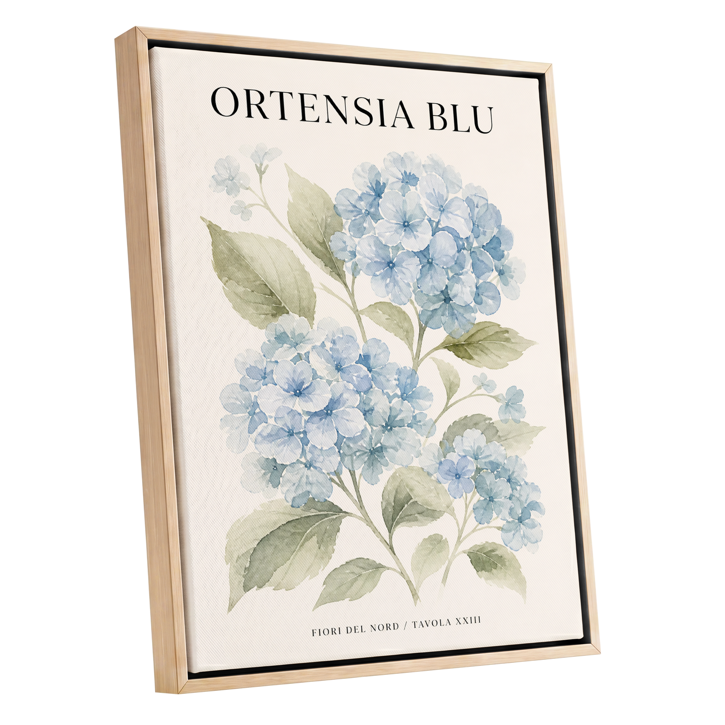 Hydrangeas of the North, blue, green, beige floral wall art shown as a oak framed canvas wall art