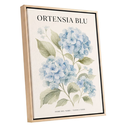 Hydrangeas of the North, blue, green, beige floral wall art shown as a oak framed canvas wall art