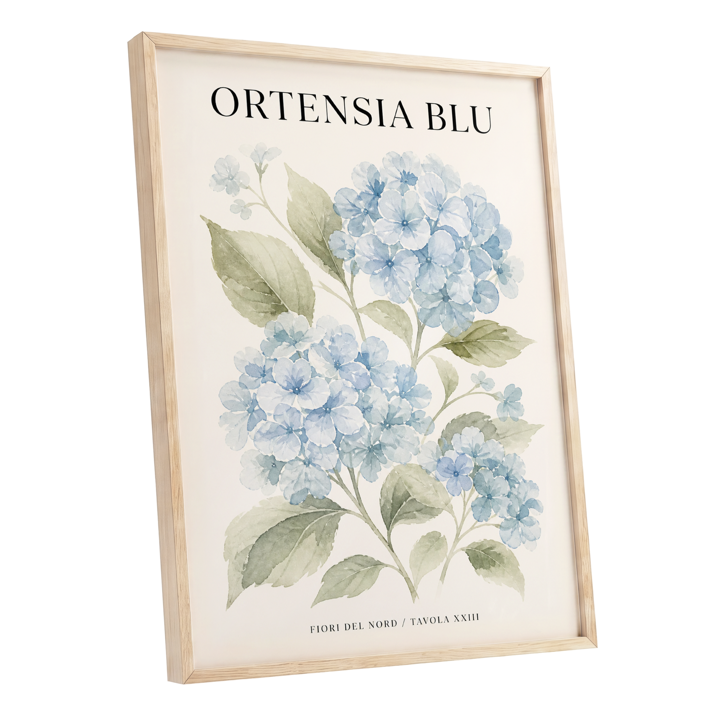 Hydrangeas of the North, blue, green, beige floral wall art shown as a oak framed poster wall art print