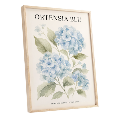 Hydrangeas of the North, blue, green, beige floral wall art shown as a oak framed poster wall art print