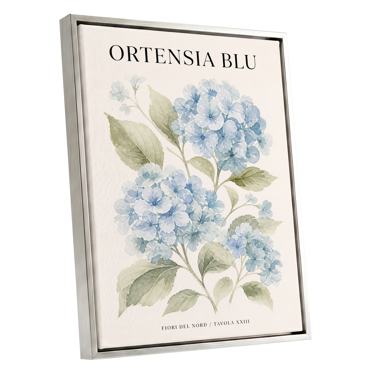 Hydrangeas of the North, blue, green, beige floral wall art shown as a silver framed canvas wall art