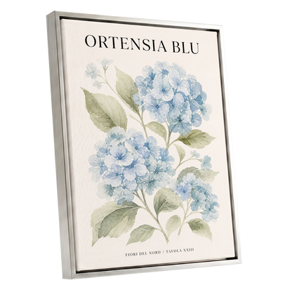Hydrangeas of the North, blue, green, beige floral wall art shown as a silver framed canvas wall art