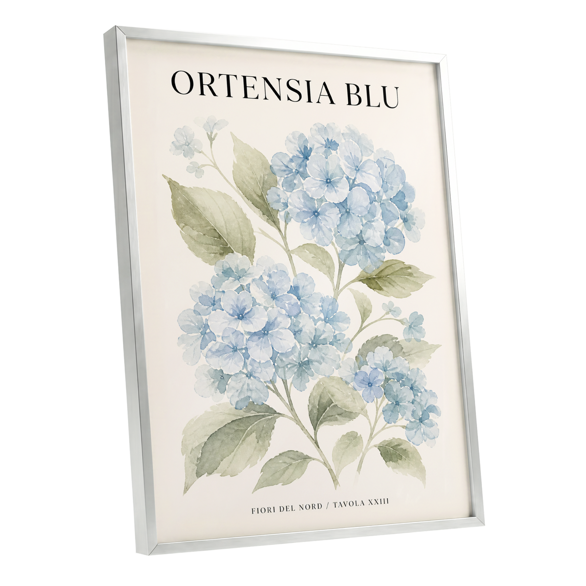 Hydrangeas of the North, blue, green, beige floral wall art shown as a silver framed poster wall art print