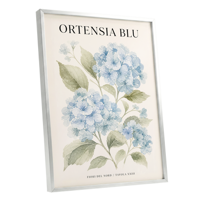 Hydrangeas of the North, blue, green, beige floral wall art shown as a silver framed poster wall art print