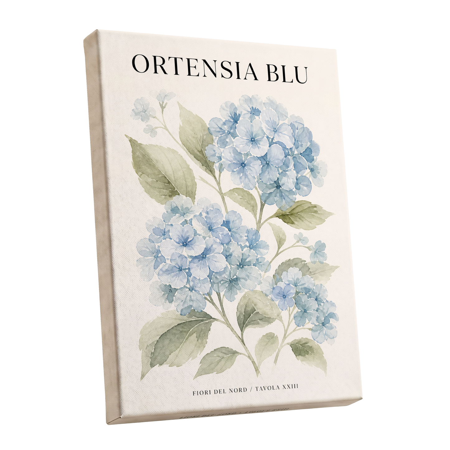 Hydrangeas of the North, blue, green, beige floral wall art shown as a stretched canvas wall art