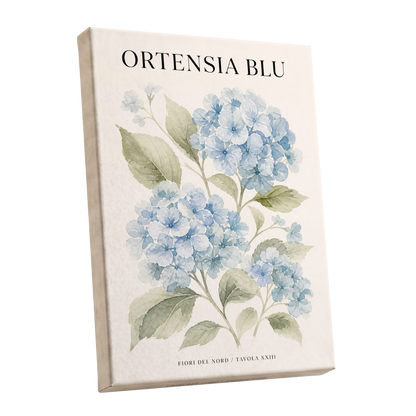 Hydrangeas of the North, blue, green, beige floral wall art shown as a stretched canvas wall art