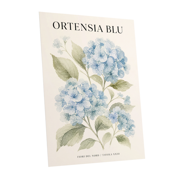 Hydrangeas of the North, blue, green, beige floral wall art shown as a unframed poster wall art print