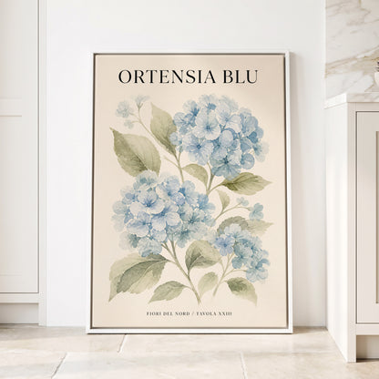 Hydrangeas of the North, blue, green, beige floral wall art displayed in a styled interior, gallery view 1