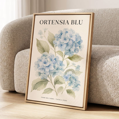Hydrangeas of the North, blue, green, beige floral wall art displayed in a styled interior, gallery view 2