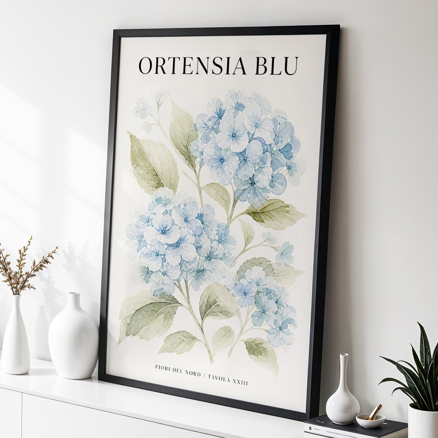 Hydrangeas of the North, blue, green, beige floral wall art displayed in a styled interior, gallery view 3