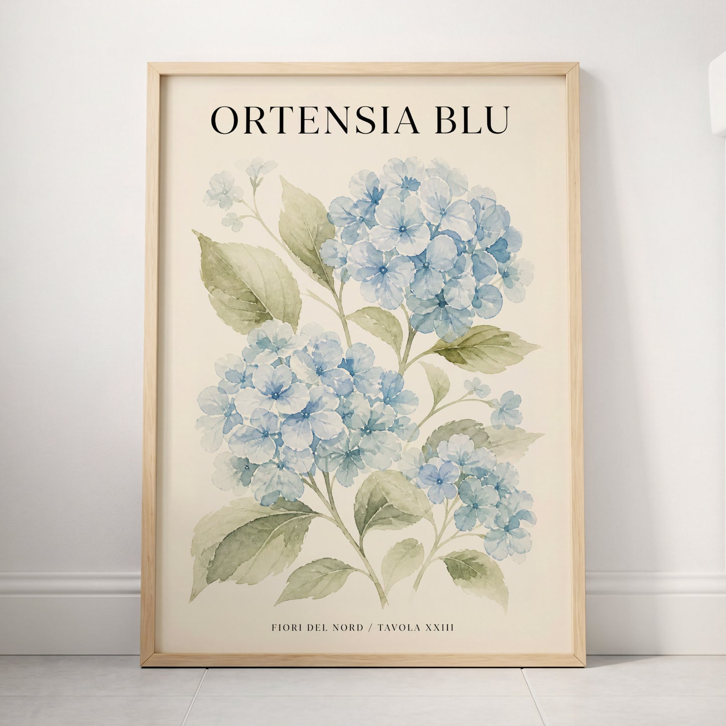 Hydrangeas of the North, blue, green, beige floral wall art displayed in a styled interior, gallery view 4