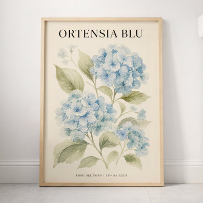 Hydrangeas of the North, blue, green, beige floral wall art displayed in a styled interior, gallery view 4