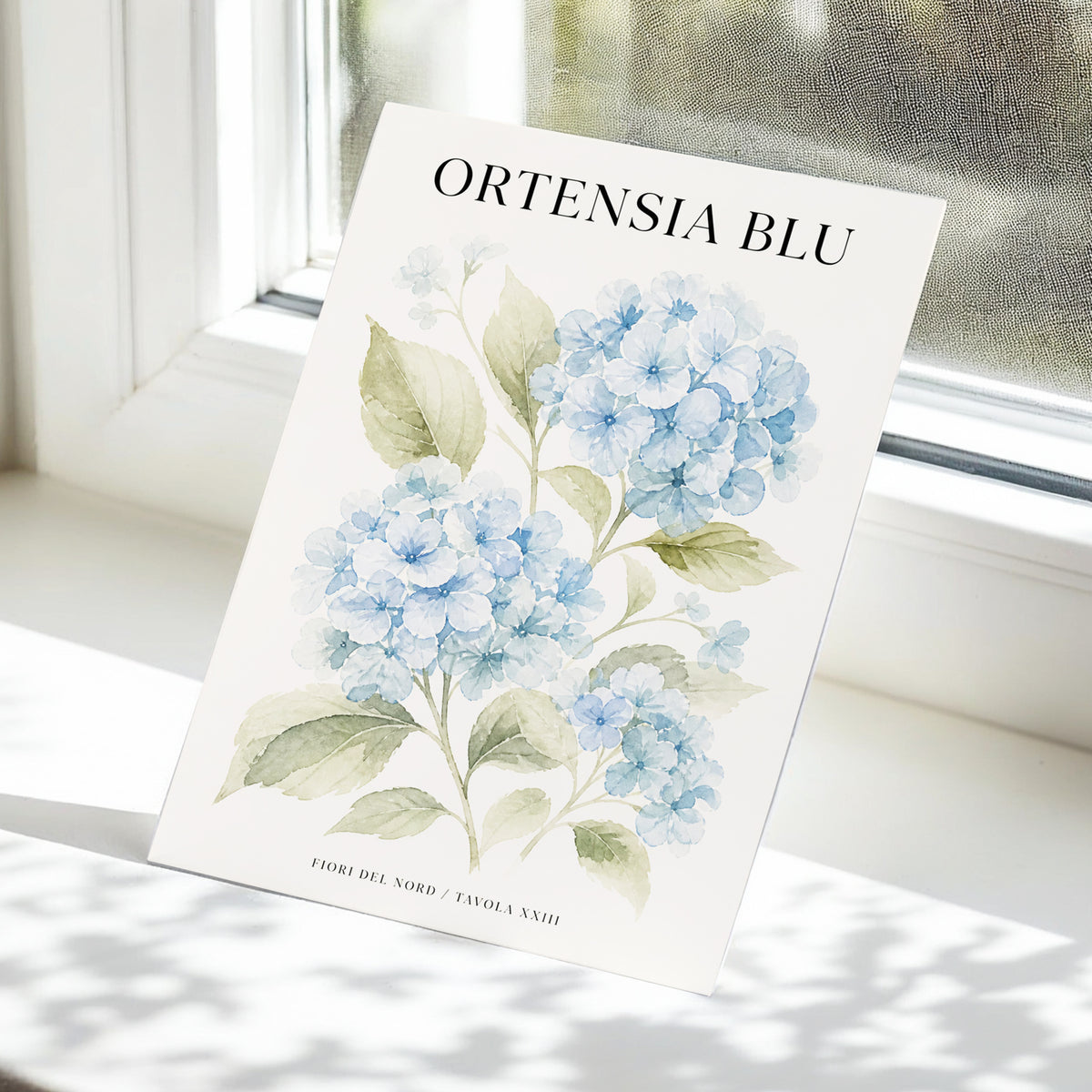 Hydrangeas of the North, blue, green, beige floral wall art displayed in a styled interior, gallery view 5