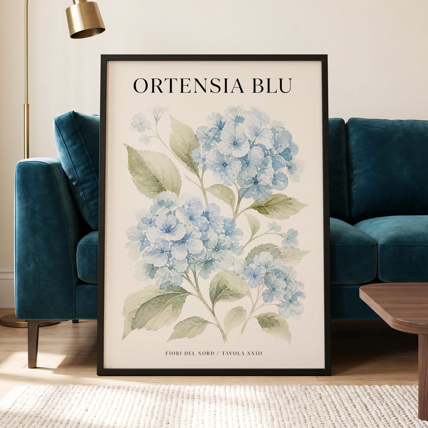 Hydrangeas of the North, blue, green, beige floral wall art displayed in a styled interior, gallery view 6