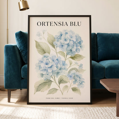 Hydrangeas of the North, blue, green, beige floral wall art displayed in a styled interior, gallery view 6