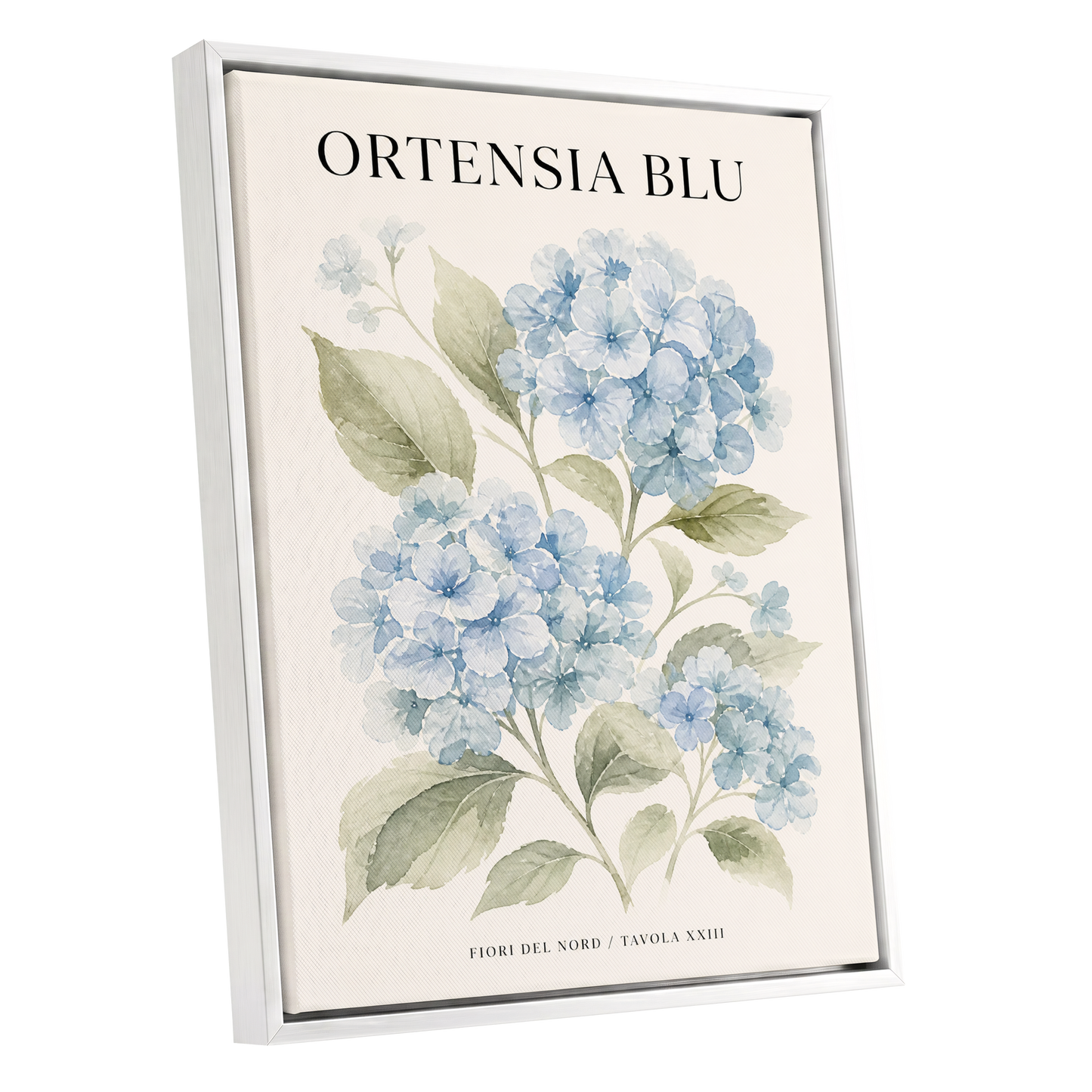 Hydrangeas of the North, blue, green, beige floral wall art shown as a white framed canvas wall art