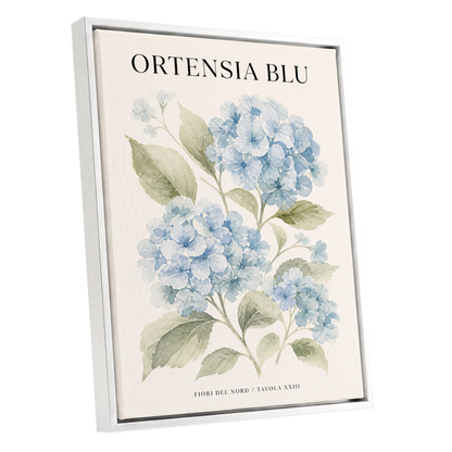 Hydrangeas of the North, blue, green, beige floral wall art shown as a white framed canvas wall art