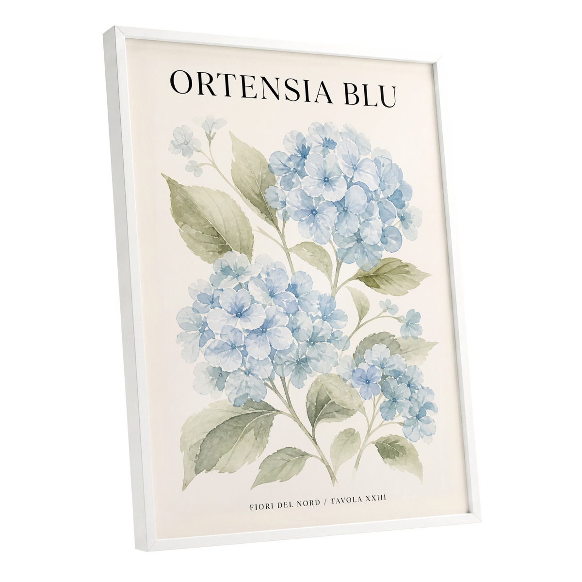 Hydrangeas of the North, blue, green, beige floral wall art shown as a white framed poster wall art print