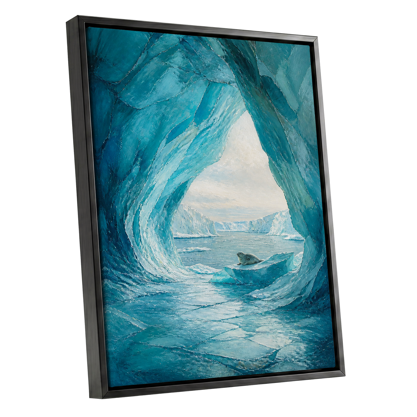 Icebound Sanctuary, blue, white, gray nature wall art shown as a black framed canvas wall art