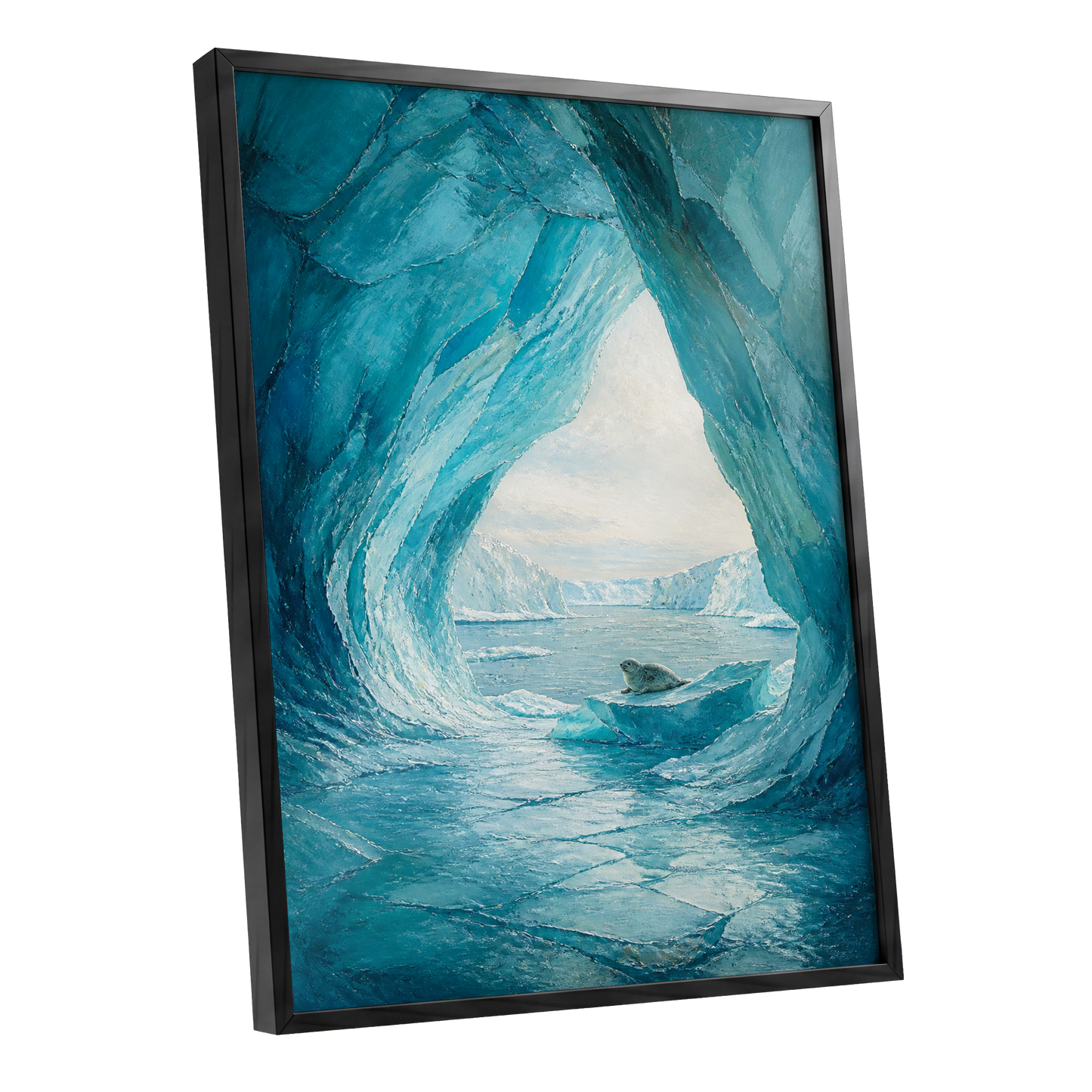 Icebound Sanctuary, blue, white, gray nature wall art shown as a black framed poster wall art print