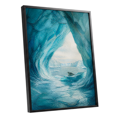 Icebound Sanctuary, blue, white, gray nature wall art shown as a black framed poster wall art print