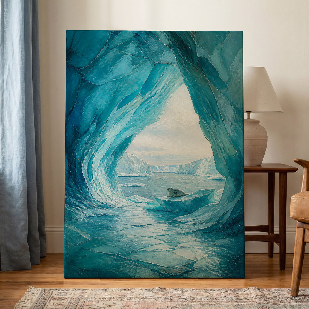 Icebound Sanctuary, blue, white, gray nature wall art on canvas displayed in a styled interior, gallery view 1