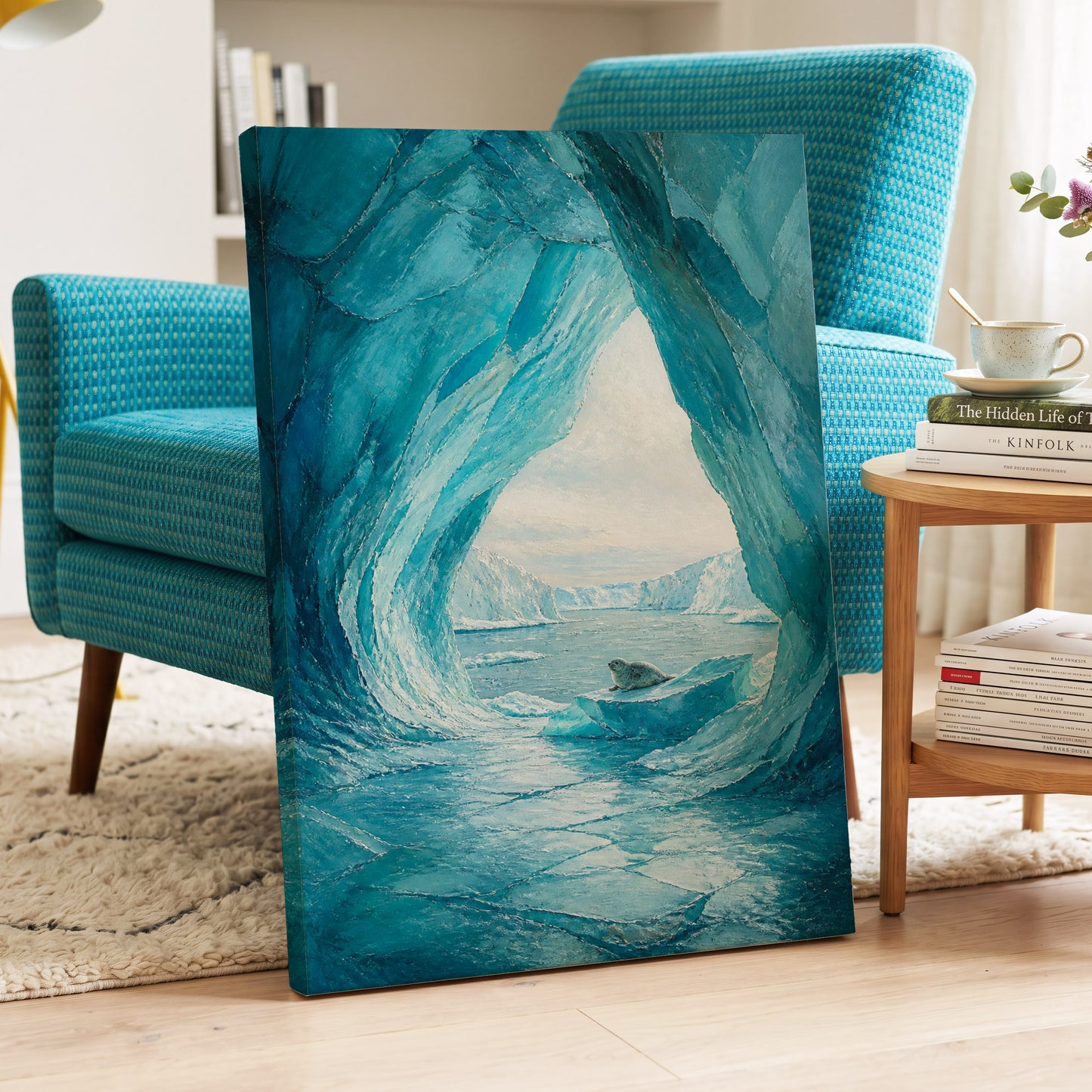 Icebound Sanctuary, blue, white, gray nature wall art on canvas displayed in a styled interior, gallery view 2