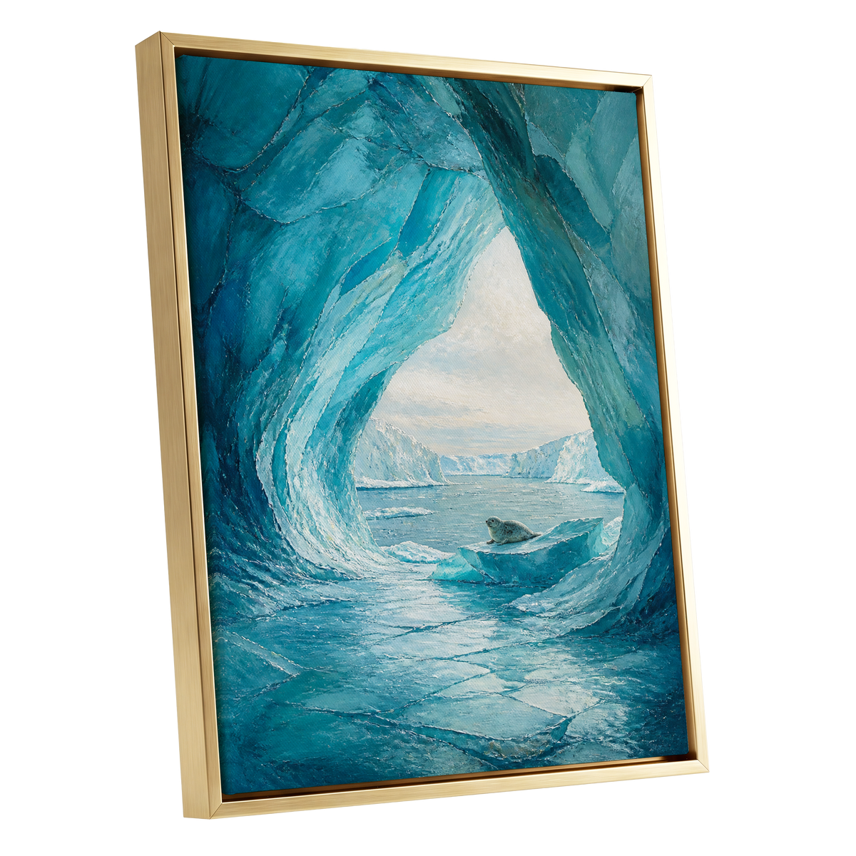 Icebound Sanctuary, blue, white, gray nature wall art shown as a gold framed canvas wall art