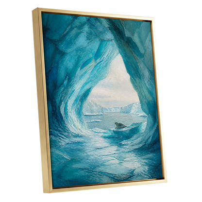 Icebound Sanctuary, blue, white, gray nature wall art shown as a gold framed canvas wall art