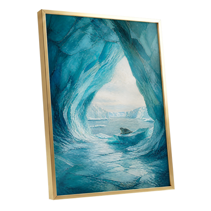 Icebound Sanctuary, blue, white, gray nature wall art shown as a gold framed poster wall art print